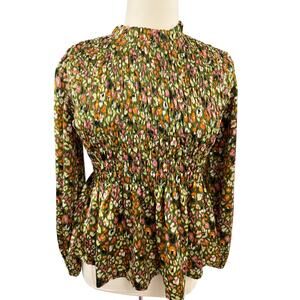 Jodifl Boho Smocked Floral Long Sleeved Satin Top, Size Large